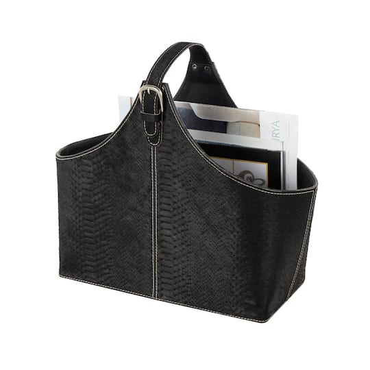 17" Black Leather Handmade Box Style Decorative Magazine Holder with Detail Stitching & Curved Buckle Handles